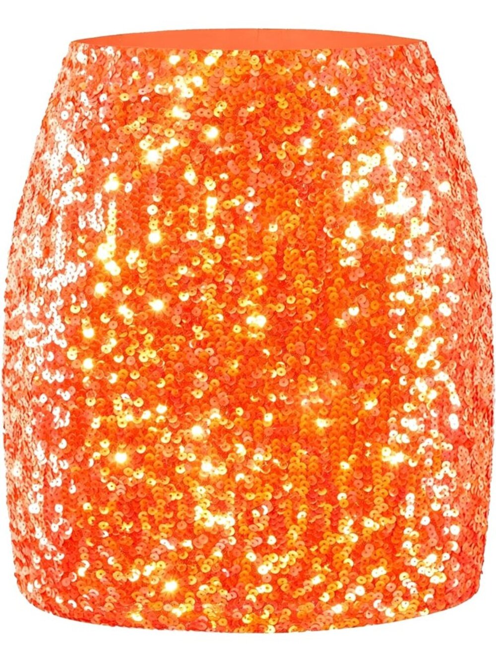 Women's Sequin Sparkle High Waist Bodycon Stretchy Pull On Orange Mini Skirt